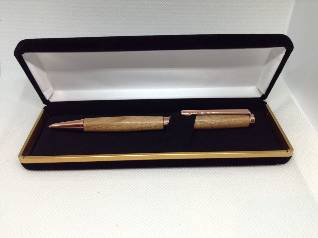 (01) - Elegant Rose Gold coloured Twist Style Slimline Pen in a Black Velvet Presentation Case