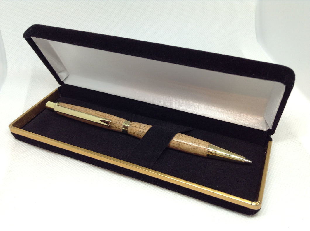 (14) - English Oak Wood Slimline Push Click Pencil in a Black Velvet Presentation Case