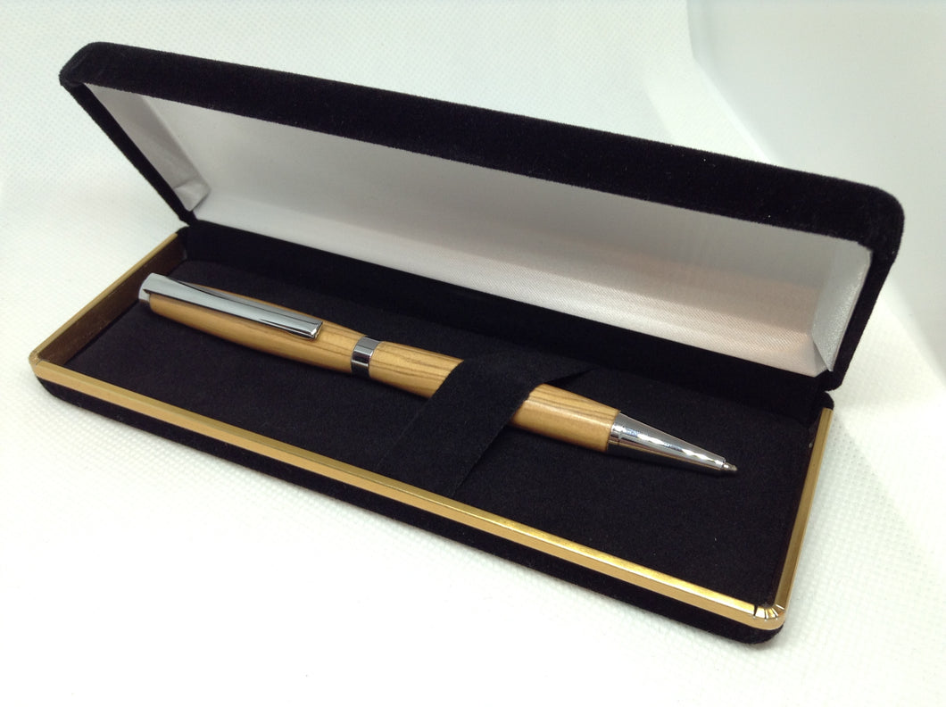 (15) - Twist Style Slimline Pen With a Light Coloured Wood in a Black Velvet Presentation Case