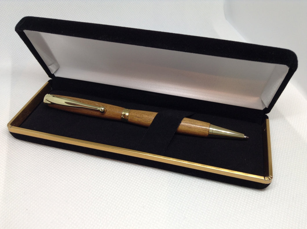 (23) - Teak Wood Twist Style Fancy Slimline Pen in a Black Velvet Presentation Case