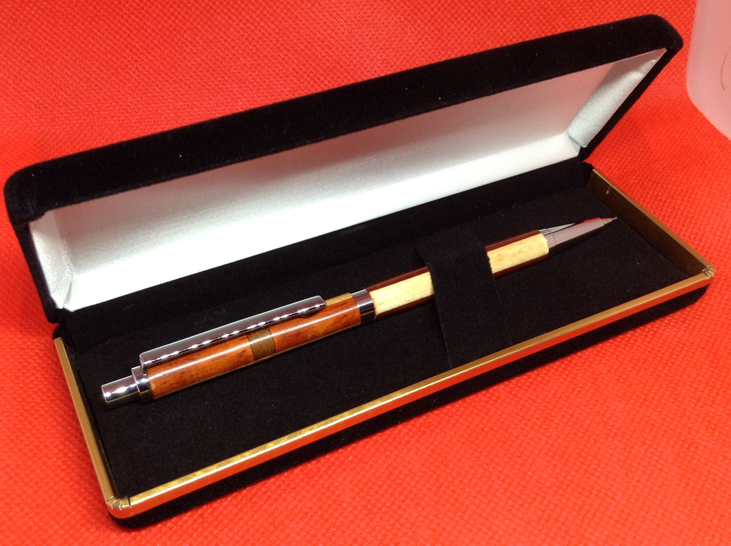 (28) Slimline click Pencil with Padauk & Tulipwood and with a band of Bubinga & Cherry Wood in a Black Velvet Presentation Case