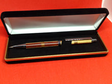 Load image into Gallery viewer, (28) Slimline click Pencil with Padauk &amp; Tulipwood and with a band of Bubinga &amp; Cherry Wood in a Black Velvet Presentation Case